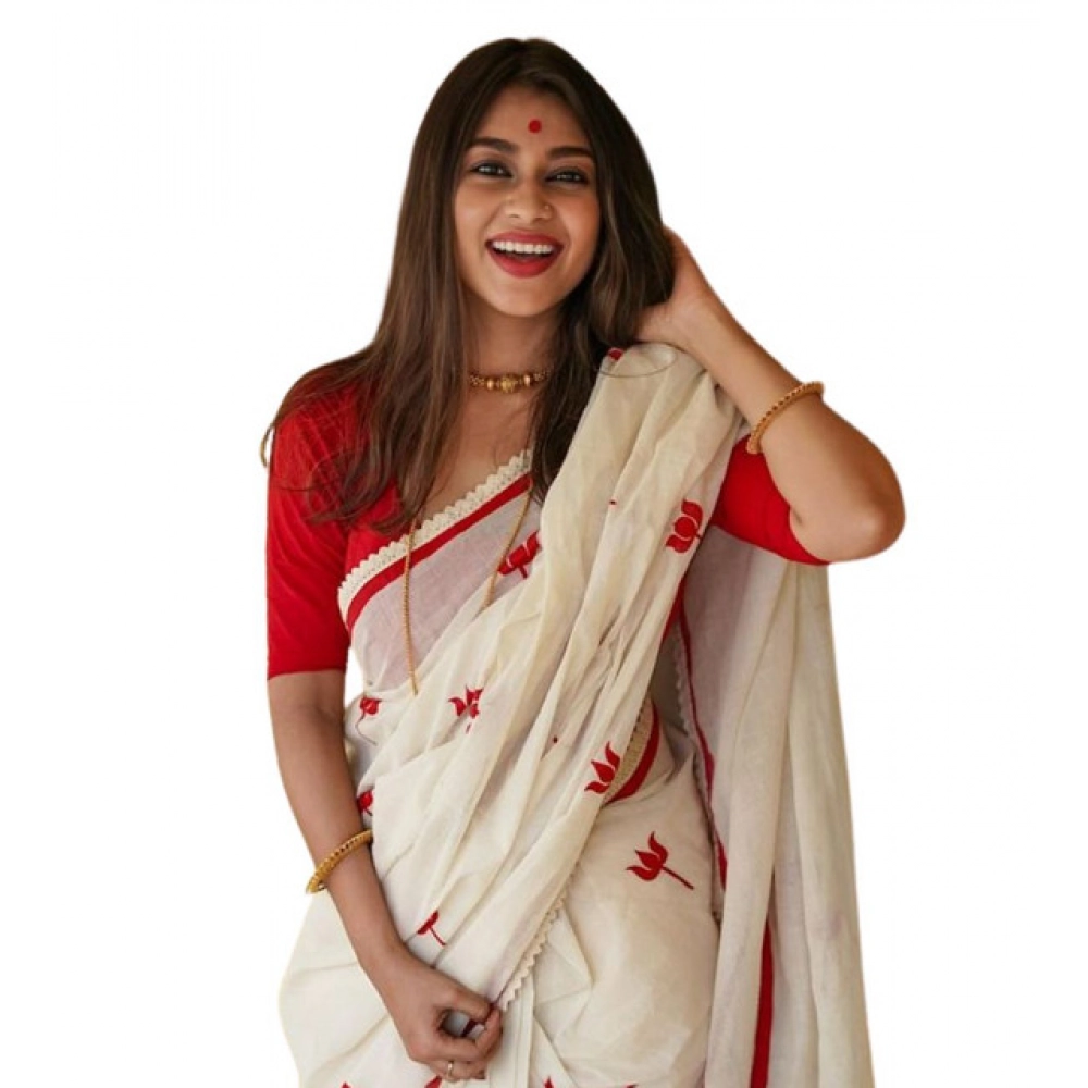 Women's Linen Printed Saree With Unstitched Blouse 5.5Mtr (White)