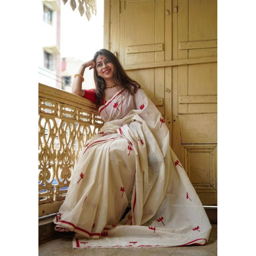 Women's Linen Printed Saree With Unstitched Blouse 5.5Mtr (White) - Image 3
