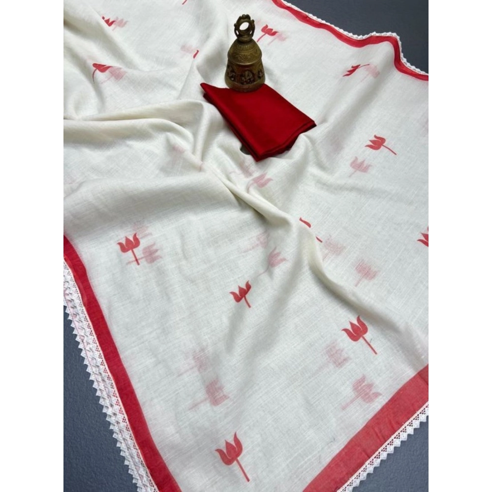 Women's Linen Printed Saree With Unstitched Blouse 5.5Mtr (White) - Image 2