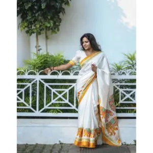 Women's Linen Printed Saree With Unstitched Blouse 5.5Mtr (White)