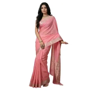 Women's Cotton Printed Saree With Unstitched Blouse 5.5Mtr (Coral Pink)