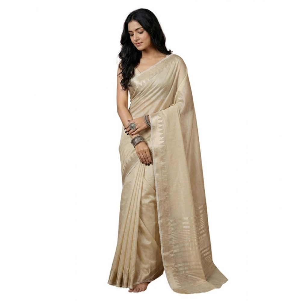 Women's Cotton Printed Saree With Unstitched Blouse 5.5Mtr (Cream)