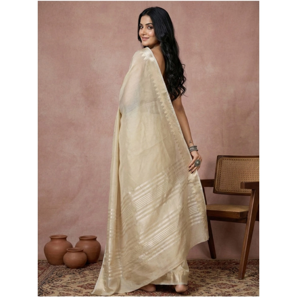 Women's Cotton Printed Saree With Unstitched Blouse 5.5Mtr (Cream) - Image 3
