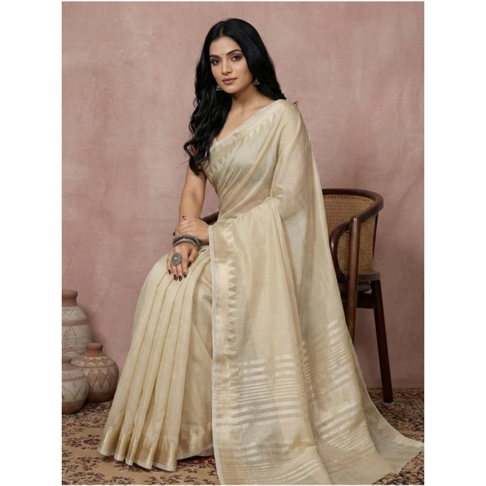Women's Cotton Printed Saree With Unstitched Blouse 5.5Mtr (Cream) - Image 2