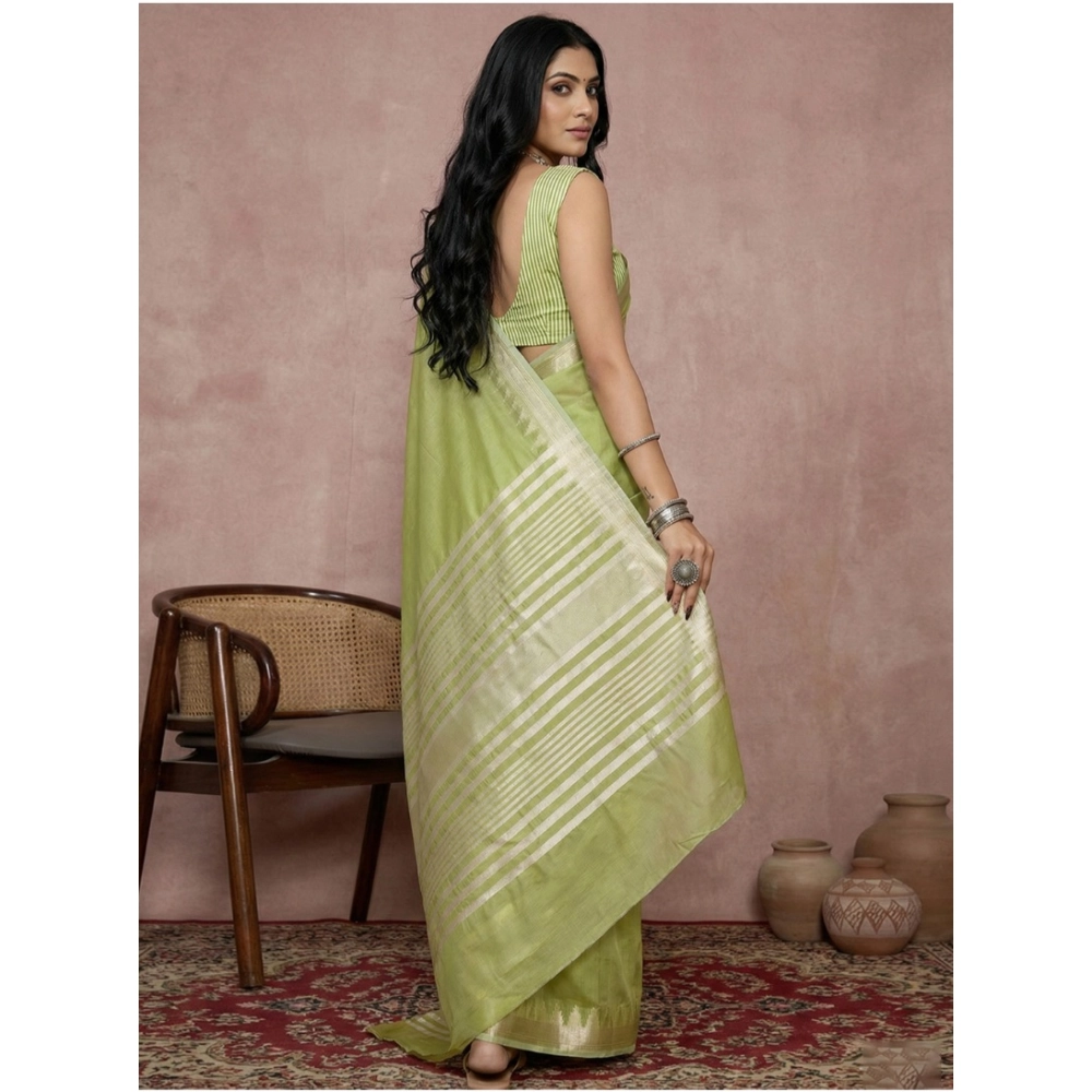 Women's Cotton Printed Saree With Unstitched Blouse 5.5Mtr (Light Green) - Image 3