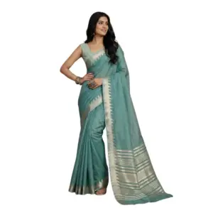 Women's Cotton Printed Saree With Unstitched Blouse 5.5Mtr (Teal)