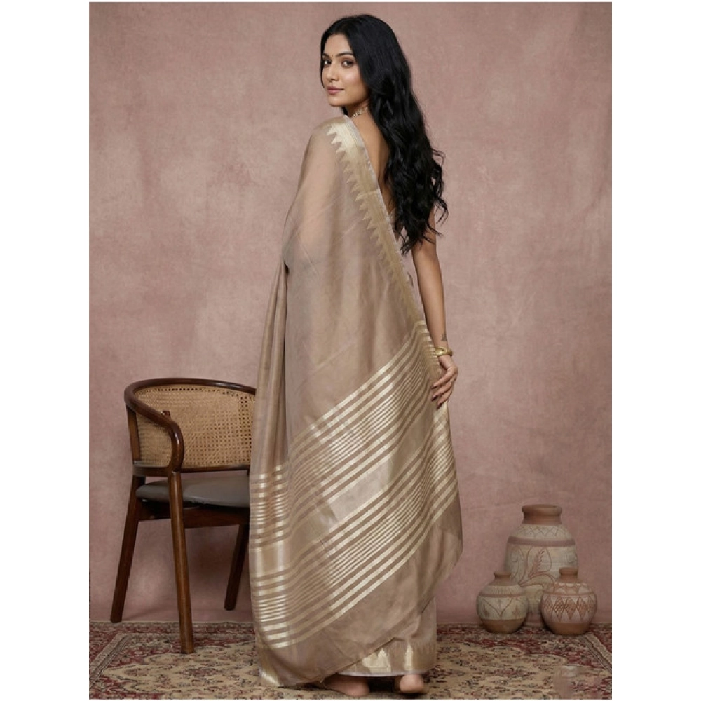 Women's Cotton Printed Saree With Unstitched Blouse 5.5Mtr (Beige) - Image 3