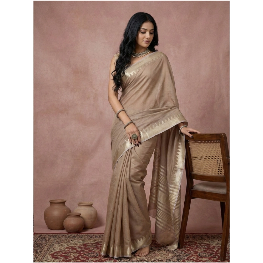 Women's Cotton Printed Saree With Unstitched Blouse 5.5Mtr (Beige) - Image 2