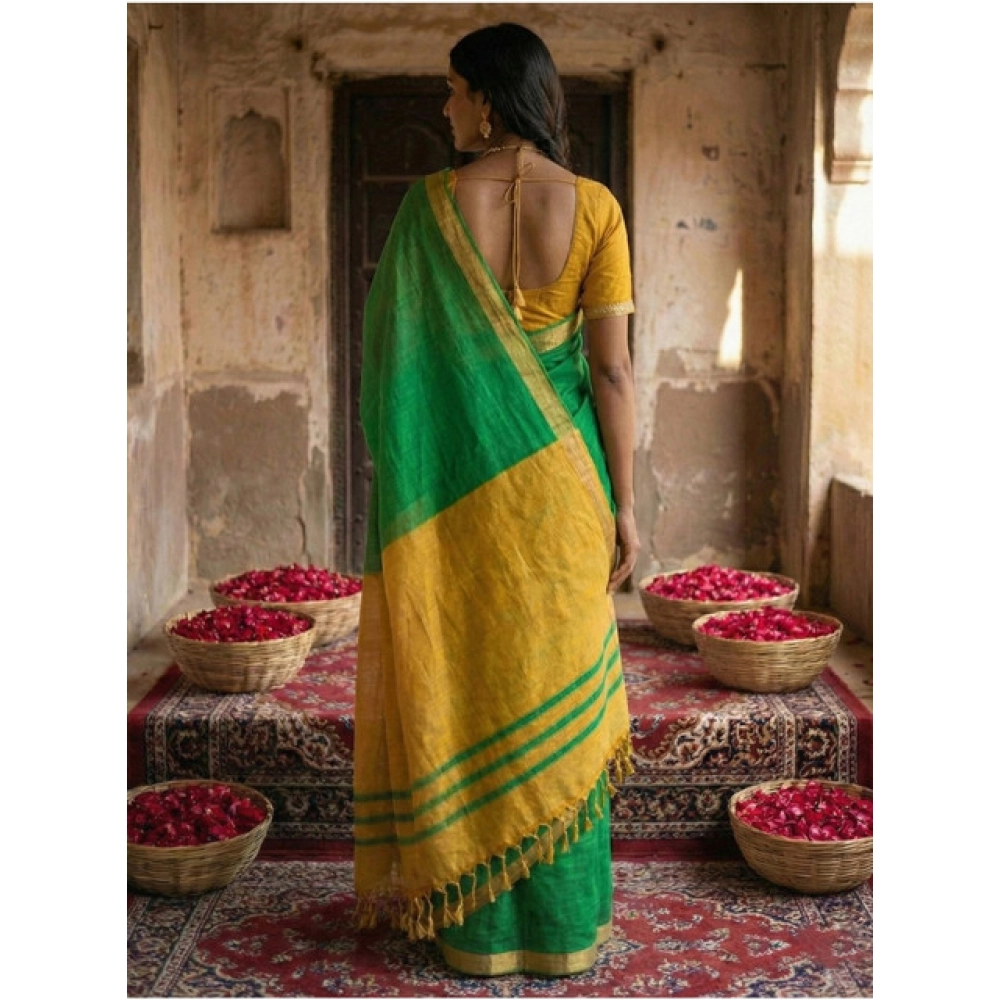 Women's Cotton Printed Saree With Unstitched Blouse 5.5Mtr (Green) - Image 4