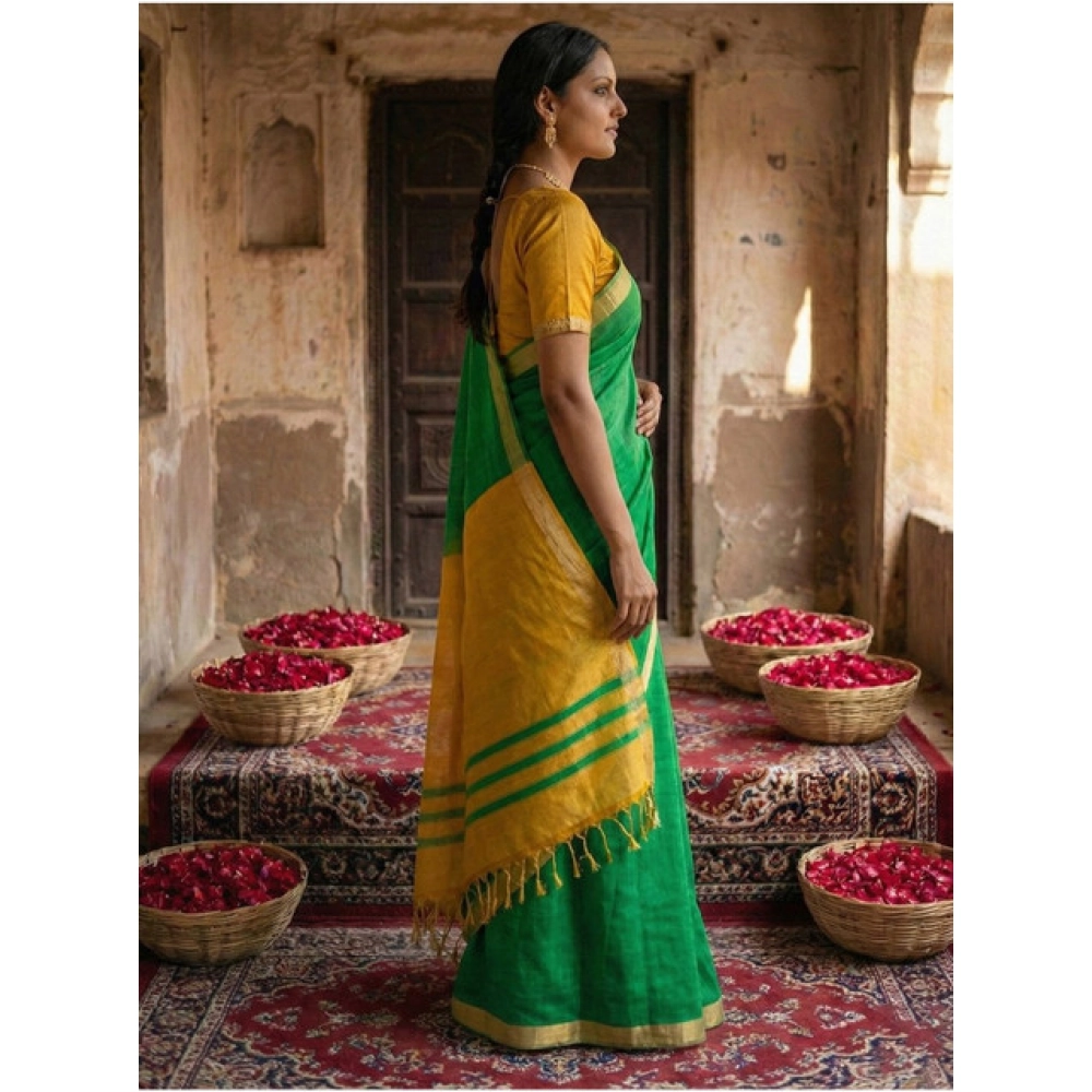 Women's Cotton Printed Saree With Unstitched Blouse 5.5Mtr (Green) - Image 3