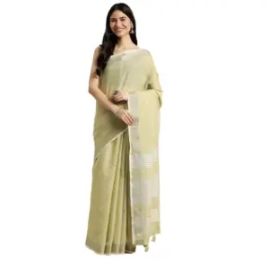 Women's Linen Cotton Printed Saree With Unstitched Blouse 5.5Mtr (Olive Green)