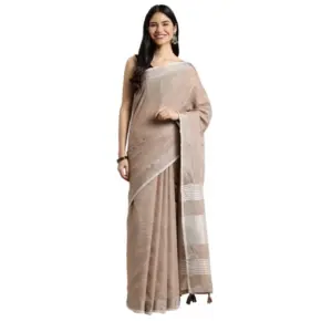 Women's Linen Cotton Printed Saree With Unstitched Blouse 5.5Mtr (Beige)