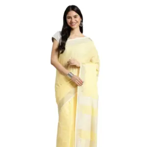 Women's Linen Cotton Printed Saree With Unstitched Blouse 5.5Mtr (Yellow)