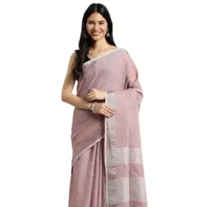 Women's Linen Cotton Printed Saree With Unstitched Blouse 5.5Mtr (Purple)