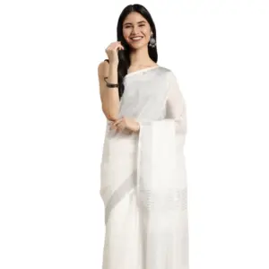 Women's Linen Cotton Printed Saree With Unstitched Blouse 5.5Mtr (White)