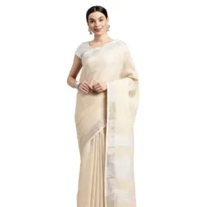 Women's Linen Cotton Printed Saree With Unstitched Blouse 5.5Mtr (Cream)