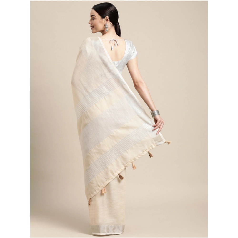 Women's Linen Cotton Printed Saree With Unstitched Blouse 5.5Mtr (Cream) - Image 4