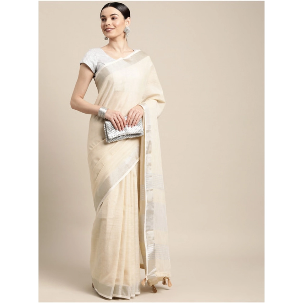 Women's Linen Cotton Printed Saree With Unstitched Blouse 5.5Mtr (Cream) - Image 3