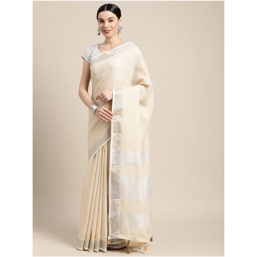 Women's Linen Cotton Printed Saree With Unstitched Blouse 5.5Mtr (Cream) - Image 2