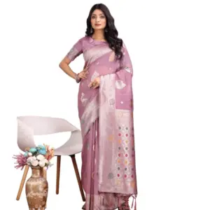 Women's Linen Cotton Printed Saree With Unstitched Blouse 5.5Mtr (Purple)