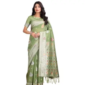 Women's Linen Cotton Printed Saree With Unstitched Blouse 5.5Mtr (Light Green)