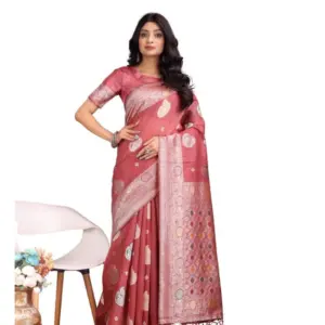 Women's Linen Cotton Printed Saree With Unstitched Blouse 5.5Mtr (Pink)