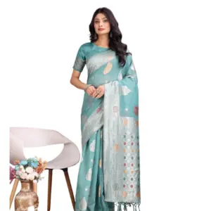 Women's Linen Cotton Printed Saree With Unstitched Blouse 5.5Mtr (Sea Green)