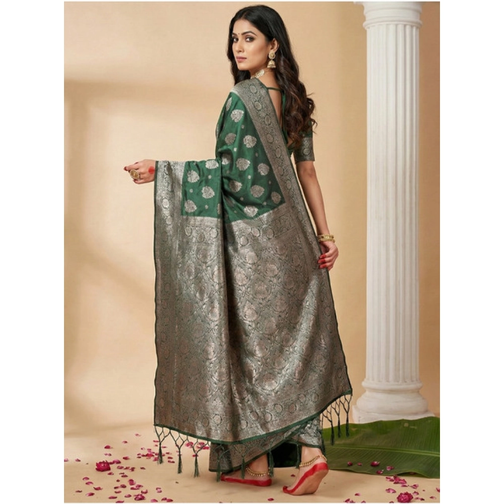 Women's Silk Blend Printed Saree With Unstitched Blouse 5.5Mtr (Dark Green) - Image 3