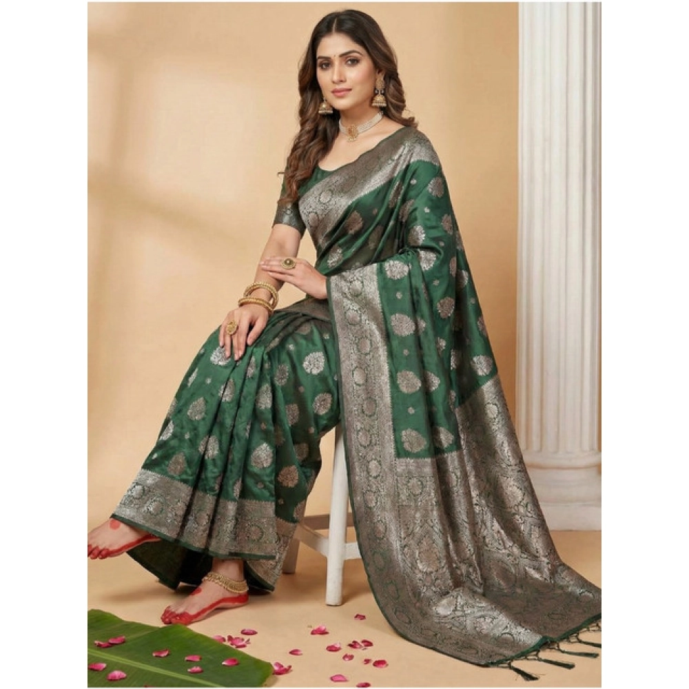 Women's Silk Blend Printed Saree With Unstitched Blouse 5.5Mtr (Dark Green) - Image 2