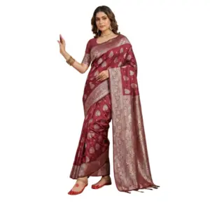 Women's Silk Blend Printed Saree With Unstitched Blouse 5.5Mtr (Maroon)