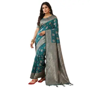 Women's Silk Blend Printed Saree With Unstitched Blouse 5.5Mtr (Sea Green)