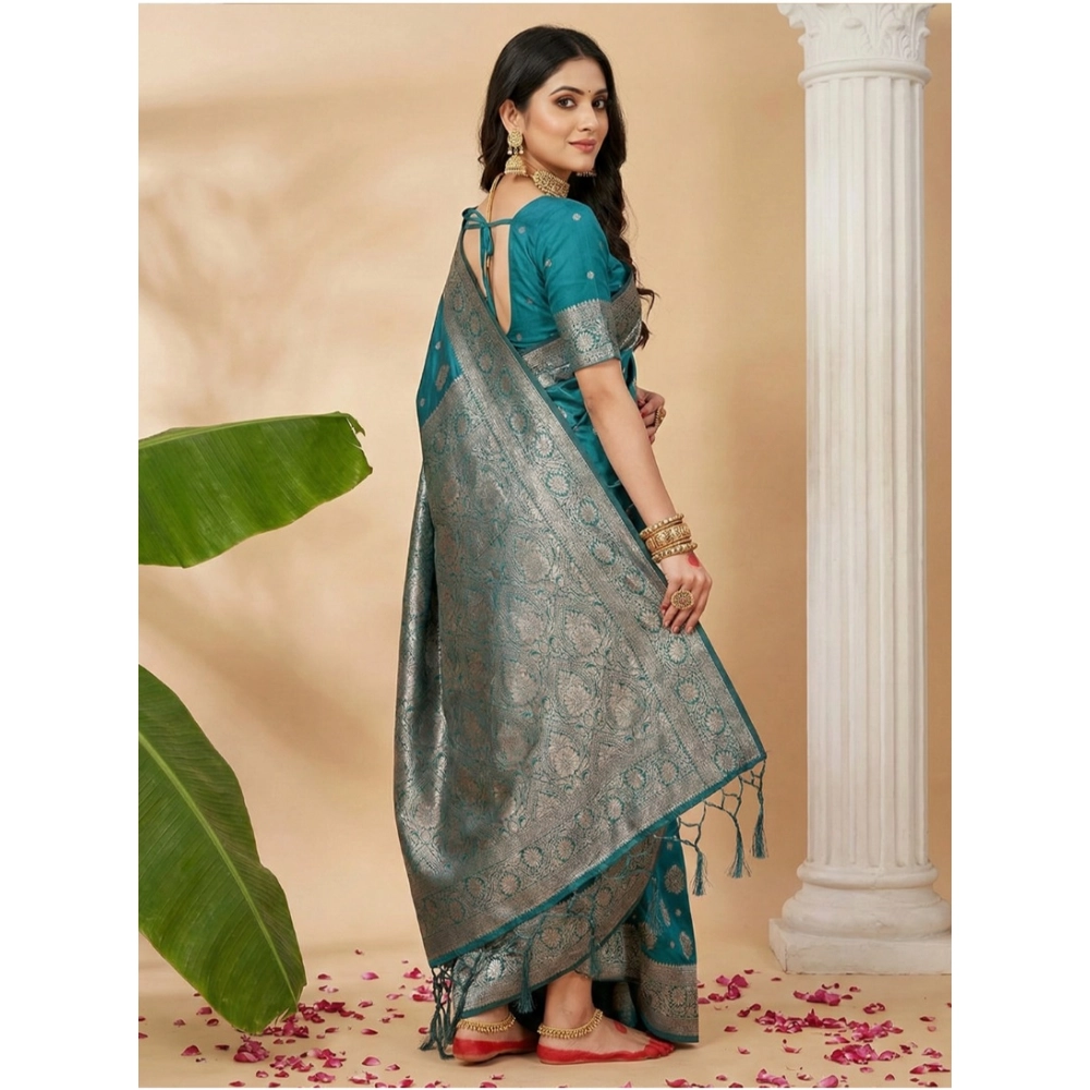Women's Silk Blend Printed Saree With Unstitched Blouse 5.5Mtr (Sea Green) - Image 3