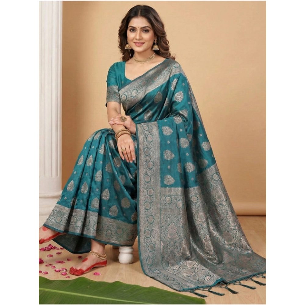 Women's Silk Blend Printed Saree With Unstitched Blouse 5.5Mtr (Sea Green) - Image 2