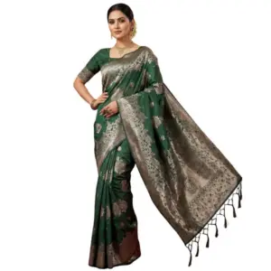 Women's Silk Blend Printed Saree With Unstitched Blouse 5.5Mtr (Dark Green)