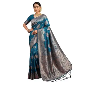 Women's Silk Blend Printed Saree With Unstitched Blouse 5.5Mtr (Teal Blue)