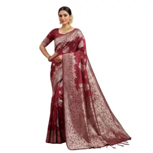 Women's Silk Blend Printed Saree With Unstitched Blouse 5.5Mtr (Maroon)
