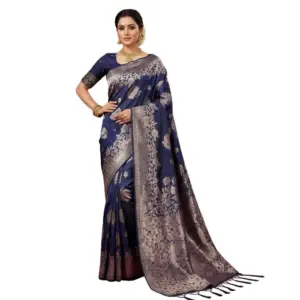 Women's Silk Blend Printed Saree With Unstitched Blouse 5.5Mtr (Navy Blue)