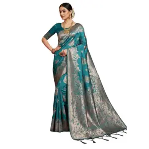 Women's Silk Blend Printed Saree With Unstitched Blouse 5.5Mtr (Sea Green)