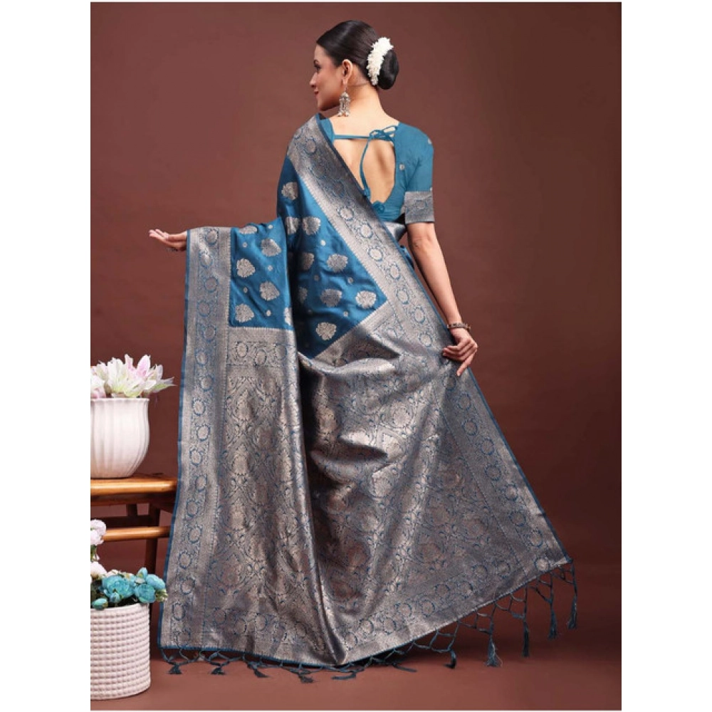 Women's Banarasi Silk Printed Saree With Unstitched Blouse 5.5Mtr (Teal Blue) - Image 4