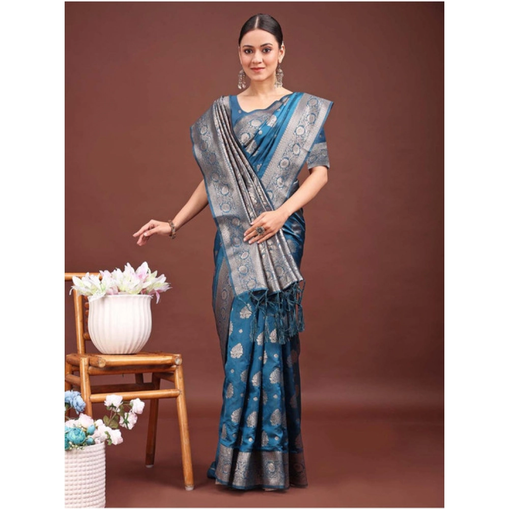 Women's Banarasi Silk Printed Saree With Unstitched Blouse 5.5Mtr (Teal Blue) - Image 3