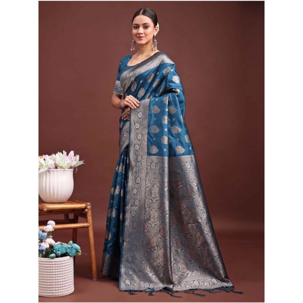 Women's Banarasi Silk Printed Saree With Unstitched Blouse 5.5Mtr (Teal Blue) - Image 2
