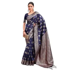 Women's Banarasi Silk Printed Saree With Unstitched Blouse 5.5Mtr (Navy Blue)