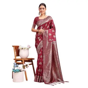 Women's Banarasi Silk Printed Saree With Unstitched Blouse 5.5Mtr (Maroon)