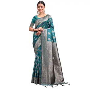 Women's Banarasi Silk Printed Saree With Unstitched Blouse 5.5Mtr (Sea Green)