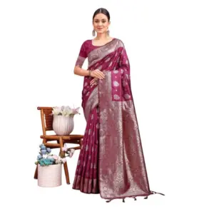 Women's Banarasi Silk Printed Saree With Unstitched Blouse 5.5Mtr (Purple)