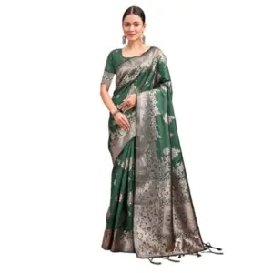Women's Banarasi Silk Printed Saree With Unstitched Blouse 5.5Mtr (Dark Green)