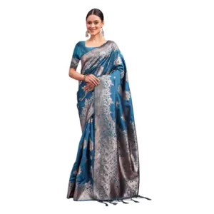 Women's Banarasi Silk Printed Saree With Unstitched Blouse 5.5Mtr (Teal Blue)