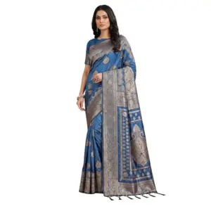Women's Silk Blend Printed Saree With Unstitched Blouse 5.5Mtr (Sky Blue)