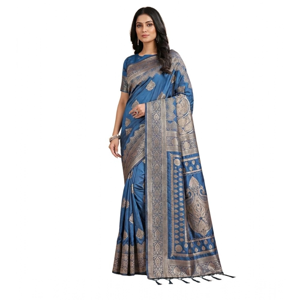 Women's Silk Blend Printed Saree With Unstitched Blouse 5.5Mtr (Sky Blue)