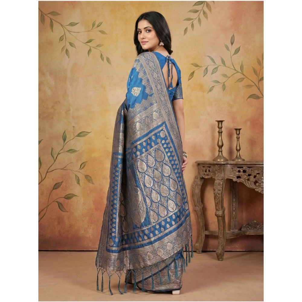 Women's Silk Blend Printed Saree With Unstitched Blouse 5.5Mtr (Sky Blue) - Image 3